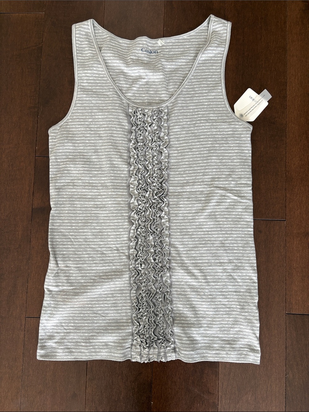 Caslon Gray Striped Ruffle-Front Tank